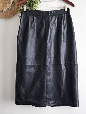 Vintage Design Assets Black Leather Midi Skirt Slit Lined Size 12